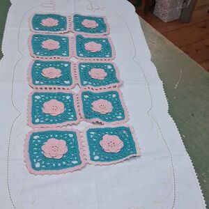 Vintage table runner with embroidered lilys, crocheted mat,& 2 More Pcs.